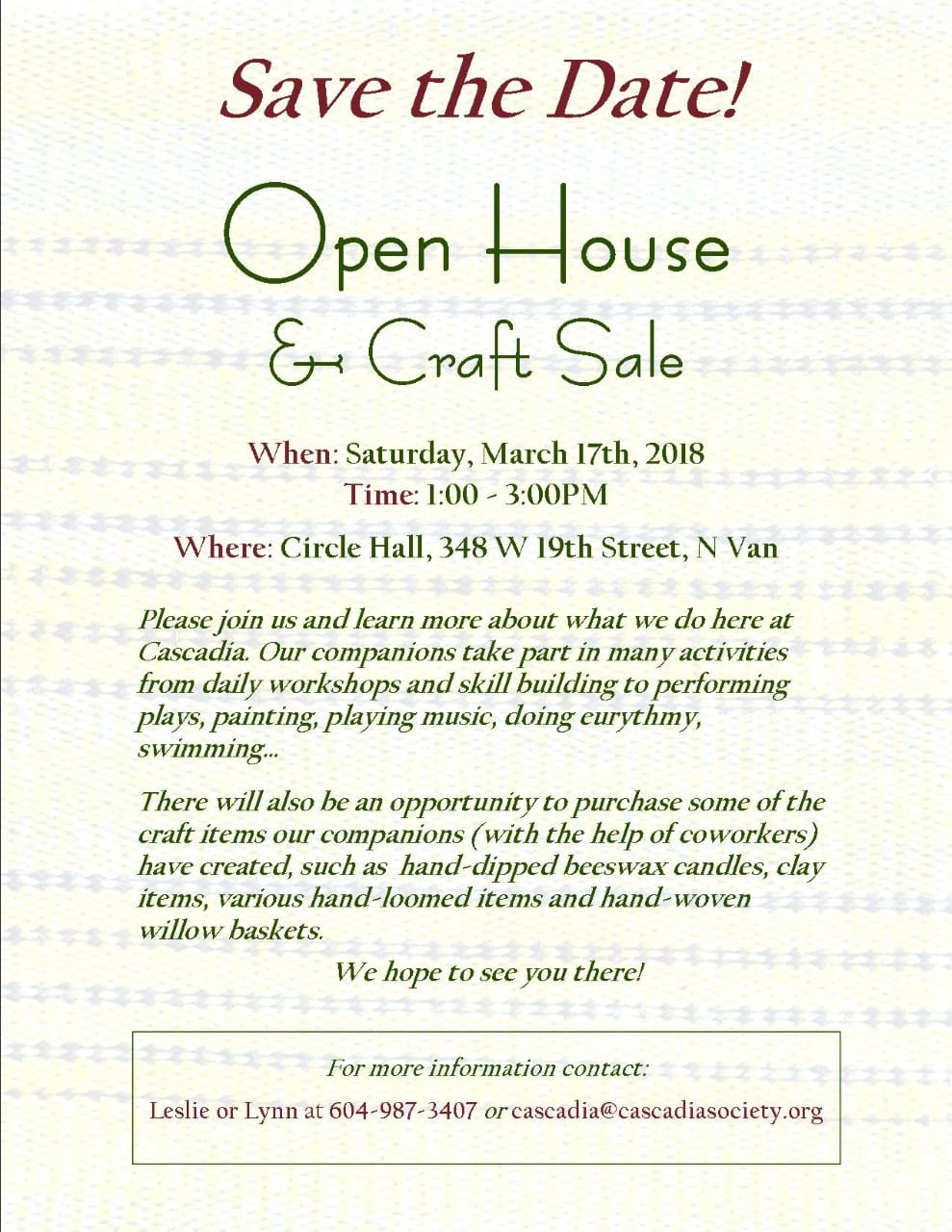 Cascadia Society Open House & Craft Sale at Circle Hall North Vancouver